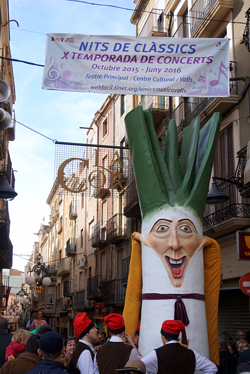 A 'gigante' in the form of a calçot parading through the town of Valls during the Fiesta de la Calçotada de Valls in 2016.